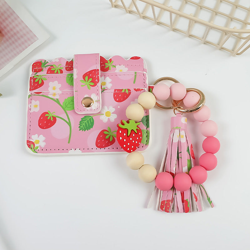 Wholesale Fruit Print Pu Card Holder Silicone Beaded Keychain Silicone Bead Bracelet
